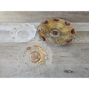 Vintage 10" Goofus Glass Bowl Rose Flower Saw Tooth Edge Red Gold Paint LOT